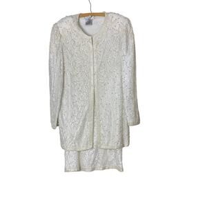 Papell Boutique Evening Off White Lace Beaded Sheath Dress w Long Jacket  Sz 12